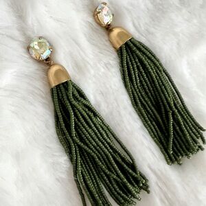 J. Crew Olive Green Tassel Drop/Long/Hanging Statement Earrings with Rhinestone